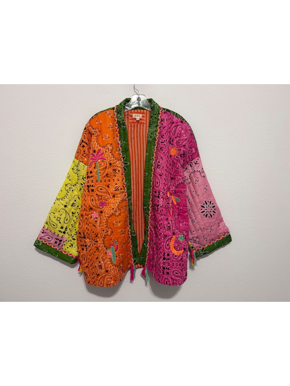 POL Bandana Paisley Quilted Kimono Embroidered Boho Open Front Jacket One Size.